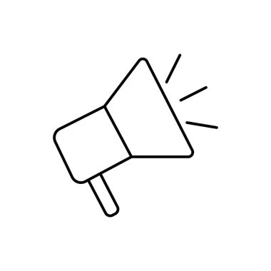 Korna ya da hoparlör sembolü. Basit siyah-beyaz vektör simgesi, ince çizgilerle modern minimal şekilde. Düzenlenebilir satır kalınlığı