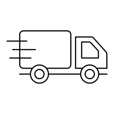 Rüzgarla birlikte yüksek hızda bir yarış kamyonu. Basit siyah-beyaz vektör simgesi, ince çizgilerle modern minimal şekilde. Düzenlenebilir satır kalınlığı