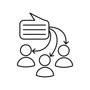 Dikdörtgen mesaj bulutu birkaç kişinin siluetini bilgilendirir. Basit siyah-beyaz vektör simgesi, ince çizgilerle modern minimal şekilde. Düzenlenebilir satır kalınlığı