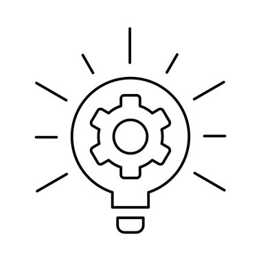 İçinde dişli tekerlek olan parlayan ampul. İnce çizgileri olan basit siyah beyaz vektör simgesi. Düzenlenebilir satır kalınlığı