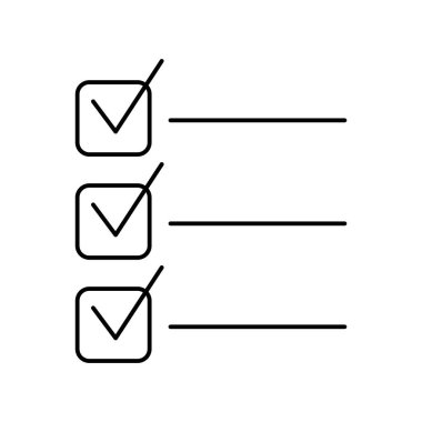 İşaretli şematik liste. İnce çizgileri olan basit siyah beyaz vektör simgesi. Düzenlenebilir satır kalınlığı
