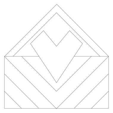 İçinde kalp olan açık bir zarfın geometrik çizimi. İnce çizgileri olan siyah beyaz soyut vektör simgesi. Çizgi kalınlığı düzenlenebilir