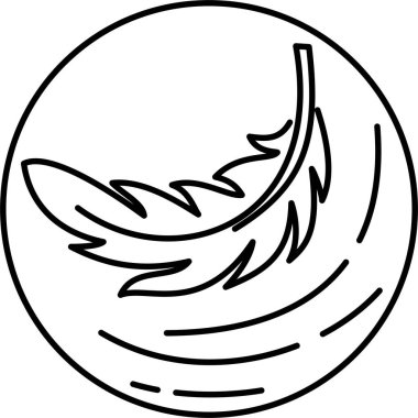 Uçan tüy. Hafif ürün kavramı, hafiflik, tüy gibi. Şeffaf arkaplanda izole edilmiş ince çizgileri olan siyah beyaz vektör simgesi. Çizgi kalınlığı düzenlenebilir