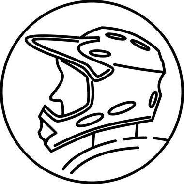 Bisikletli ya da motosiklet kasklı bir adamın profili. Şeffaf arkaplanda izole edilmiş ince çizgileri olan siyah beyaz vektör simgesi. Çizgi kalınlığı düzenlenebilir