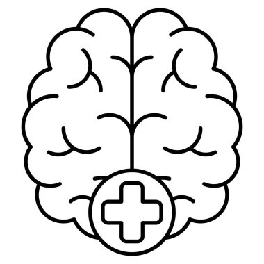İnsan beyninin artı işaretli basit doğrusal simgesi. Beyin yeteneklerini geliştirme kavramı. Şeffaf arkaplanda izole edilmiş ince çizgileri olan vektör resim grafiği. Çizgi kalınlığı düzenlenebilir