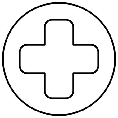 Çemberin içindeki artı işaretinin siyah ve beyaz ana hatlı simgesi. Düzenlenebilir çizgi kalınlığı olan basit minimalist modern sembol, şeffaf arkaplanda izole.