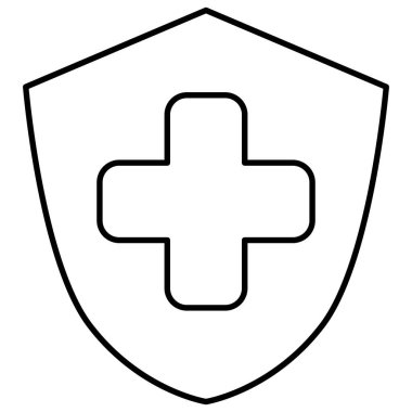 Kalkanın içinde bir haç veya artı işareti simgesi var. Düzenlenebilir çizgi kalınlığı olan basit minimalist modern sembol, şeffaf arkaplanda izole.