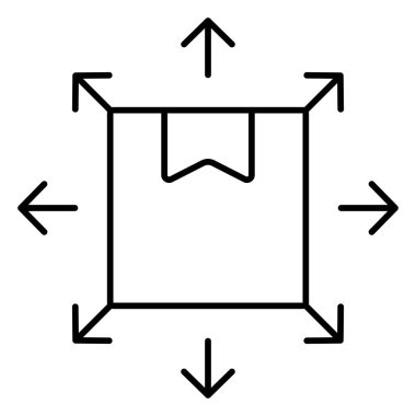 Etrafında bir sürü ok olan karton bir kutu. Dağıtımın basit taslak vektör simgesi, farklı dağıtım yönleri, vs. Şeffaf üzerinde siyah ince çizgileri olan bir piktogram. Çizgi kalınlığı düzenlenebilir