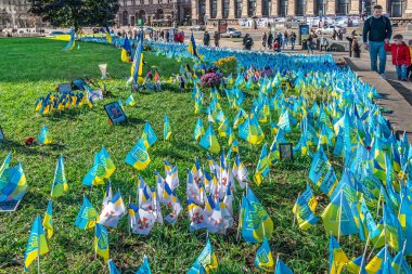 Kyiv, Ukrayna - 27 Ekim 2023: Rusya 'nın Ukrayna' ya karşı savaşında kaybedilen kahramanları onurlandırmak için Meydan Nezalezhnosti, Kyiv 'deki Ulusal Hafıza Çimenliği' nde Ukrayna bayraklarının dokunaklı bir gösterisi. İnsanlar saygılarını sunarken görülürler.