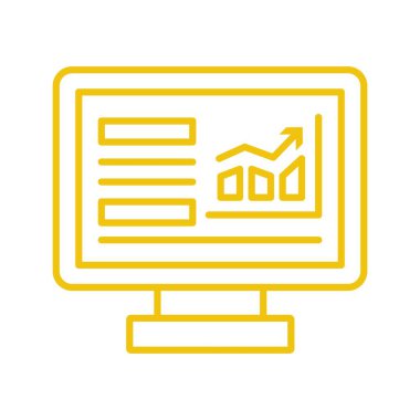 Ekranda diyagramları olan bilgisayar monitörü. İnce çizgileri olan basit sarı dış hat vektör simgesi