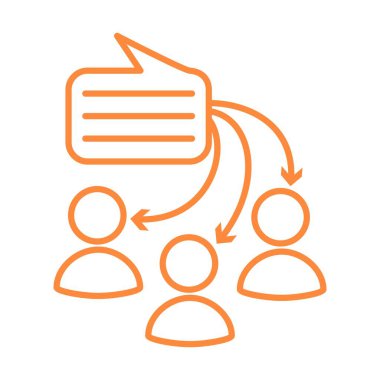 Konuşma balonu ve oklardan üç insan sembolüne kadar. Sohbetten bilgi yayma, kullanıcılara mesaj ulaştırma kavramı. İnce çizgileri olan basit turuncu çizgili vektör simgesi