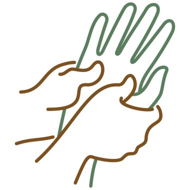 İki el başka birinin eline masaj yapıyor. Saydam arkaplanda izole edilmiş avuç içi masajının vektör bicolor taslak simgesi. Basit yeşil - kahverengi çizim