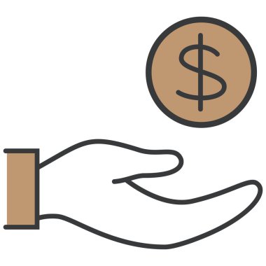 Bir dolarlık madeni para ile bir el gösteren vektör simgesi, finansal işlemleri, bağışları, hayır kurumlarını, yatırımları ve ekonomik değişimi temsil ediyor. Bankacılık, finans ve parasal hizmetler için ideal