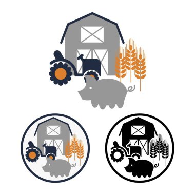 Basit düz vektör çiftçiliği illüstrasyonu. Yuvarlak logo ya da ikon, domuz, traktör, ahır ve buğday başakları. Tarım kavramı