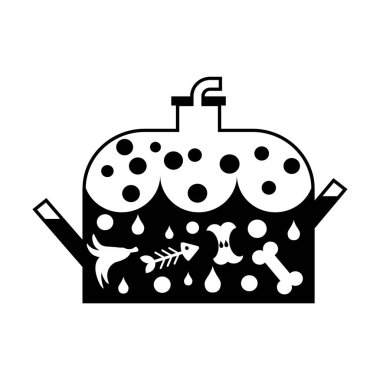 Simple flat black and white Biodigester vector icon. Schematic tank with organic waste (banana peel, apple core, fish skeleton, bone), water and gas bubbles clipart