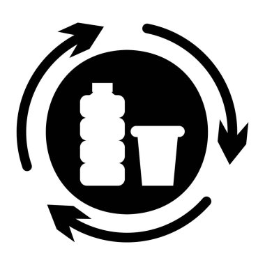 Plastik tabakları geri dönüşüm için düz siyah beyaz simge. Yuvarlak oklarla çevrili plastik şişe ve camın vektör sembolü