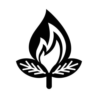 Basit düz siyah beyaz biyogaz ikonu. İki yapraklı ve tepesinde alev dili olan bir bitkinin vektör silueti.