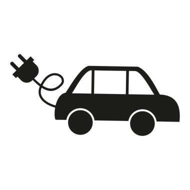 Basit düz siyah beyaz elektrikli araba ikonu. Elektrik prizi olan bir yolcu aracının silüeti.