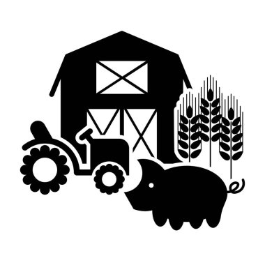 Basit düz siyah-beyaz tarım ikonu. Traktör, domuz, buğday ve ahır siluetleri