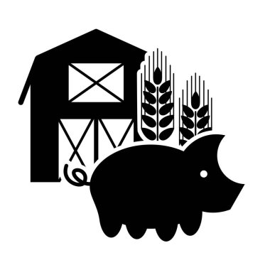 Basit siyah beyaz çiftlik ikonu. Ahırın düz vektör silueti, buğday ve domuz dikenleri
