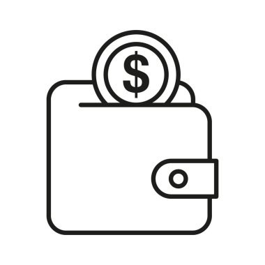 İçinde para ve dolar sembolü olan cüzdan. Basit bir siyah-beyaz vektör simgesi. İnce çizgiler