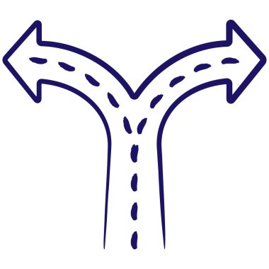 İşaretli ve oklu iki yol ayrımı. Şeffaf arkaplanda fırçayla izole edilmiş basit dış hat mavi vektör simgesi