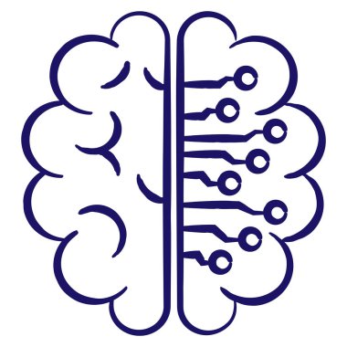 Mikro devresi olan bir beyin formunda yapay zeka. Şeffaf arkaplanda fırçayla izole edilmiş basit dış hat mavi vektör simgesi