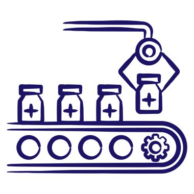 İlaç imalatı robotik ekipman, ilaç şişesi taşıyıcısı. Şeffaf arkaplanda fırçayla izole edilmiş basit dış hat mavi vektör simgesi