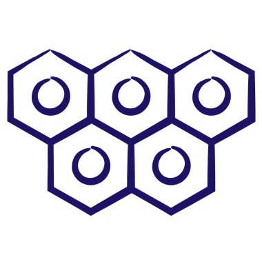 Altıgen kümesinin mavi ana hatlı simgesi ve içinde çember şeklinde fırça çizgileri var. Kök hücre kolonisi. Şeffaf arkaplanda izole edilmiş basit vektör minimal doğrusal pictogram