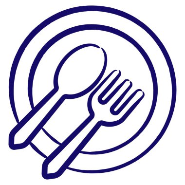 Kaşık ve çatal tabakta. Menünün, restoranın, kafenin basit kontur vektör simgesi. Mavi fırçayla çizilmiş el yazısı. Şeffaf arkaplanda izole edilmiş minimal monokrom doğrusal pictogram