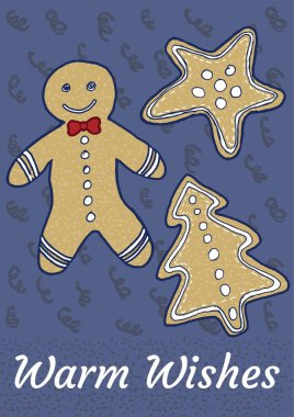 Zencefilli kurabiye ve Sıcak Dilekler kelimelerini içeren basit bir çizgi film vektör kartı. Kahverengi Noel kurabiyesi adam, yıldız ve ağaç mavi desenli arka planda