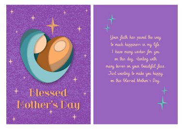 Blessed Mother's Day purple card printable double sided template. Paper cut heart shaped mom with baby on violet starry sky background. Vector design of front and back side of greeting postcard clipart