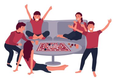 Yetişkin arkadaşlardan oluşan bir takım, yuvarlak masa ve zeminde bir kanepede oturup masa oyunları oynuyor. Modern minimalist vektör ortamı şeffaf arkaplanda izole edildi