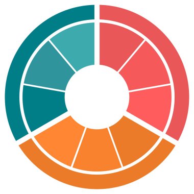 Sektörlere kesilen yuvarlak renkli üç renkli şema. Sunum veya bilgi için boş mavi-kırmızı-turuncu diyagram şablonu