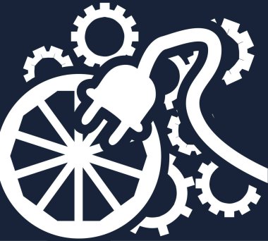 Simple flat vector clipart on a dark background - the concept of ingenuity, know-how, inventions of mankind. Symbolic illustration of a wheel, few gears and electric plug in white on a blue backdrop clipart