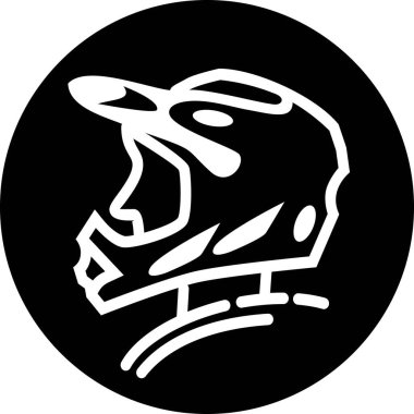 Bisikletli ya da motosiklet kasklı bir adamın profili. Yuvarlak siyah vektör çizgisi beyaz çizgileri olan simge