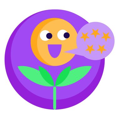 Müşteri deneyiminin vektör simgesi. Gülümseyen gülücük ve genç filizinin, şeffaf arkaplanda izole edilmiş, şirin renkli bir tırnak parçası.