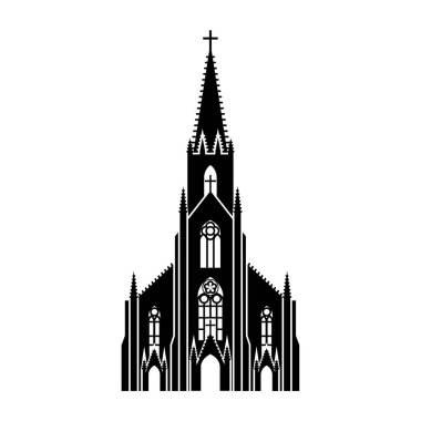 Beyaz arka planda Detroit, Michigan 'daki (ABD) St. Joseph Kilisesi' nin ayrıntılı siyah silueti. Basit bir clipart, Katolik tapınağı vektör simgesi