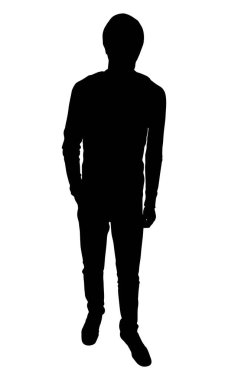 Siyah ve beyaz erkek vektör silueti şeffaf arkaplanda izole edilmiş. Bir adam bir eli cebinde durur.
