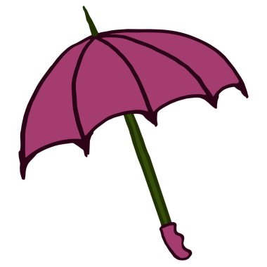 Yeşil saplı pembe şemsiyeli çizgi film ikonu. Kabataslak vektör renkli karalama şeffaf arkaplanda izole