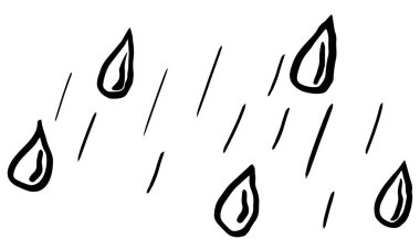 Yağmurun el çizimi siyah-beyaz doğrusal simgesi. Şeffaf arkaplanda karikatür kaba vektör çizimi izole