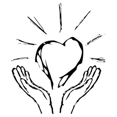 Ellerin parıldayan bir kalbe verdiği siyah-beyaz grunge çizimi. Basit vektör çizimi çizimi. İnanç, şefkat, tıp, vs..
