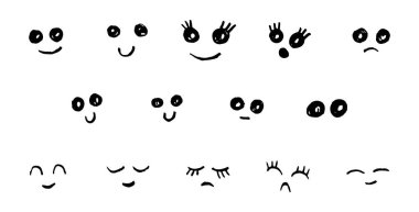 Bir dizi siyah beyaz vektör göz ve ağız. Beyaz arkaplanda izole edilmiş basit el çizimi yüz karakterleri