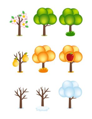 Farklı mevsimlerdeki çizgi film yaratıcı vektör ağaç simgeleri. Çıplak ağaç, karlı, çiçekli, sarı ve yeşil yapraklı, beyaz arka planda izole edilmiş meyve hasadı. Tasarım ögeleri