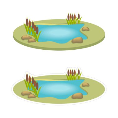 Sazlıklarla dolu beyaz bir gölün ana hatlı taşıyıcı etiketi. Beyaz arkaplanda karikatür göleti dağılımı izole edildi