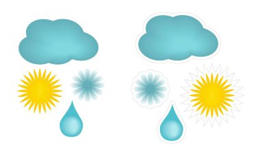 Hava şartları olan vektör karikatür etiketleri. Sarı güneş, mavi bulut, yağmur damlası ve kar tanesinin basit düz tırmanışları beyaz arka planda izole edilmiştir.