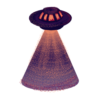 Işık ışınlı çizgi film UFO 'su. Saydam arkaplanda izole edilmiş bir uzay gemisi tırmanışı