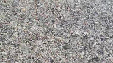 Tepetaklak bir manzara, Türkiye 'nin Alanya kentindeki Tersane Sahili' nde kristal berrak Akdeniz suyu ve büyük çakıl taşlarını yakalıyor. 4K video 28 saniye. Dişi bacaklar sığ sularda yürür, parıldayan gümüş güneş ışığı altında sıçramalar ve dalgalanmalar yaratır.