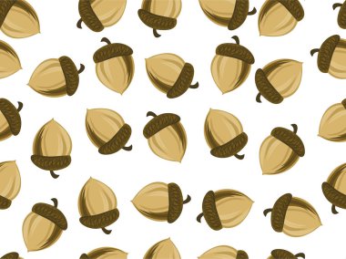 Meşe palamutlarıyla kusursuz sonsuz bir arka plan. Karikatür vektör deseni, beyaz arka planda dağınık meşe fındıkları.