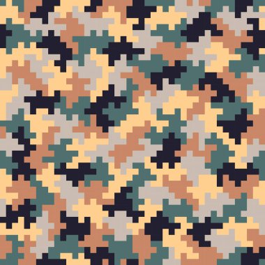 Toprak tonlarında kusursuz pikselli kamuflaj vektör deseni. Ordu, açık hava ve doğa temalı tasarımlar için idealdir. Özgeçmiş, giysi ve dijital projeler için mükemmel.